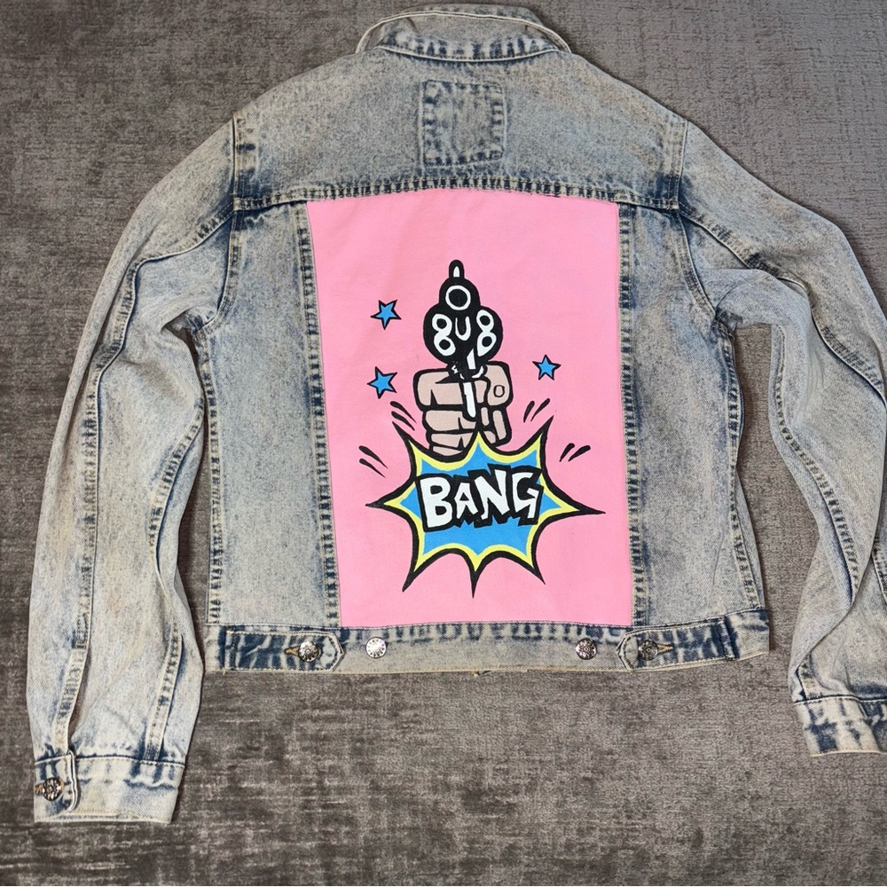 Hand Painted Denim Jacket Bomb Front Bang Star Pink Back Sz S/M By Daria Y Maria